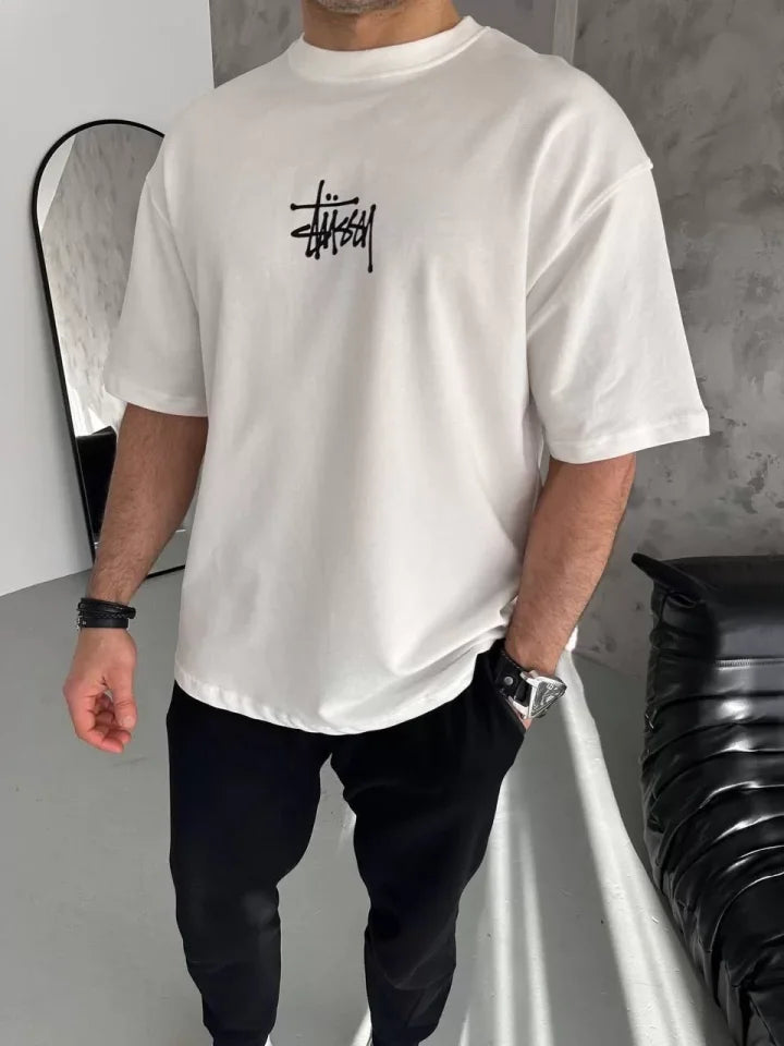 Unisex Bisiklet Yaka Baskılı Oversize T-Shirt - Beyaz (102328)