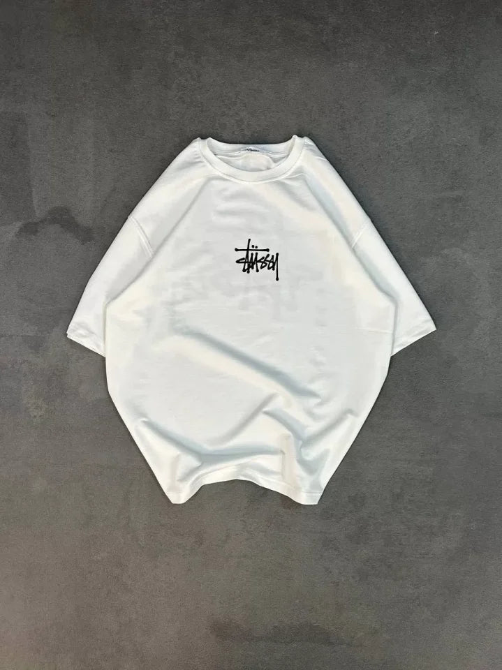 Unisex Bisiklet Yaka Baskılı Oversize T-Shirt - Beyaz (102328)