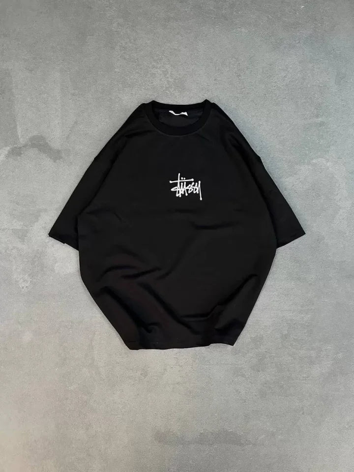 Unisex Bisiklet Yaka Baskılı Oversize T-Shirt - Siyah (102329)
