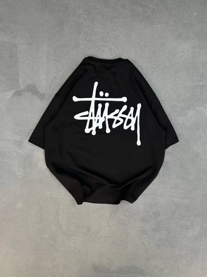 Unisex Bisiklet Yaka Baskılı Oversize T-Shirt - Siyah (102329)