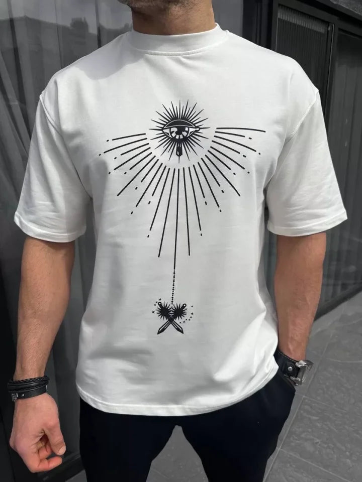 Unisex Bisiklet Yaka Baskılı Oversize T-Shirt - Beyaz (102330)