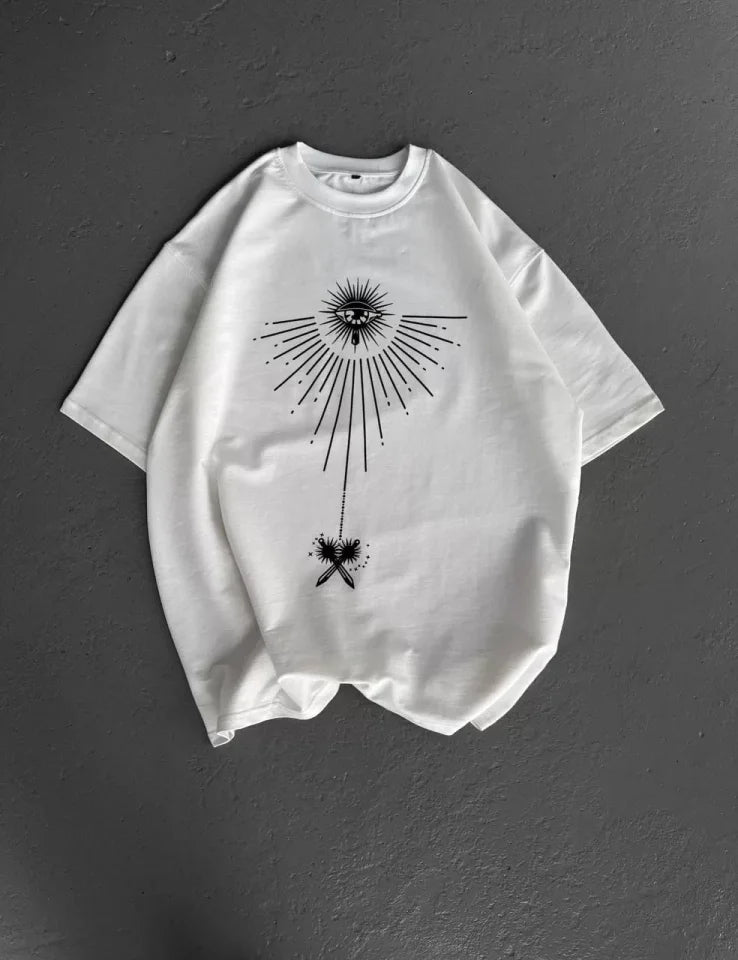 Unisex Bisiklet Yaka Baskılı Oversize T-Shirt - Beyaz (102330)