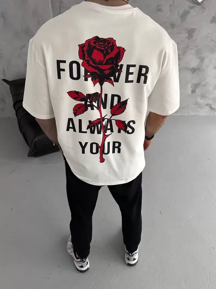 Unisex Bisiklet Yaka Baskılı Oversize T-Shirt - Beyaz (102332)