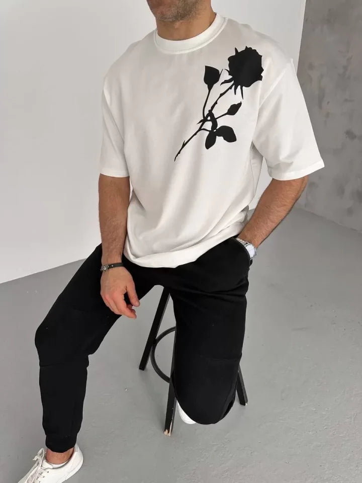 Unisex Bisiklet Yaka Baskılı Oversize T-Shirt - Beyaz (102334)