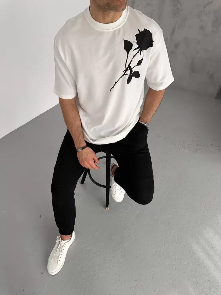Unisex Bisiklet Yaka Baskılı Oversize T-Shirt - Beyaz (102334)