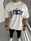 Unisex Bisiklet Yaka Baskılı Oversize T-Shirt - Beyaz (102336)