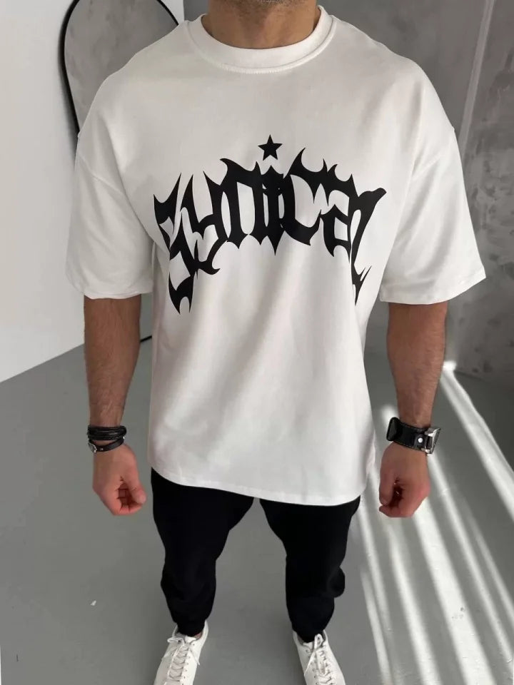 Unisex Bisiklet Yaka Baskılı Oversize T-Shirt - Beyaz (102336)