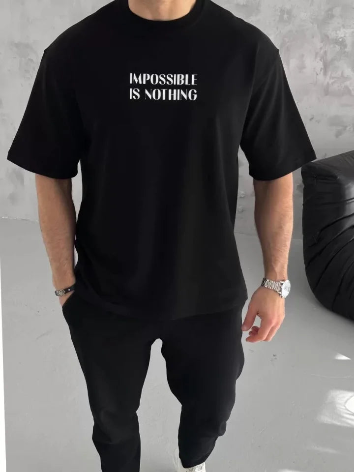 Unisex Bisiklet Yaka Baskılı Oversize T-Shirt - Siyah (102339)