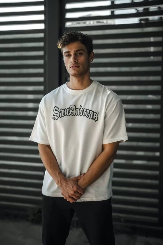 Unisex Bisiklet Yaka Baskılı Oversize T-Shirt - Beyaz (102345)