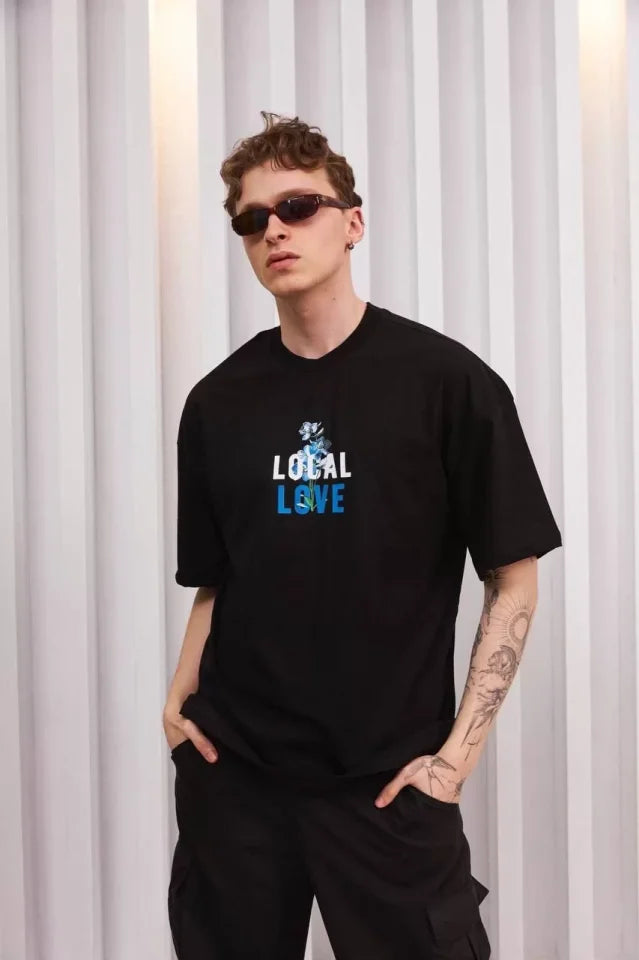 Unisex Bisiklet Yaka Baskılı Oversize T-Shirt - Siyah (102347)