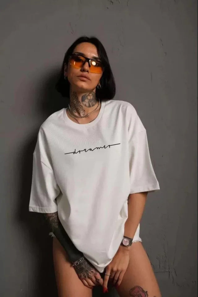 Unisex Bisiklet Yaka Baskılı T-Shirt - Beyaz (102355)