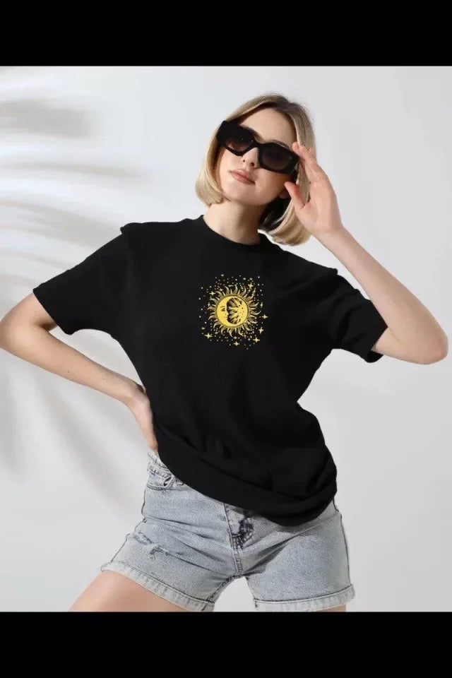 Unisex Bisiklet Yaka Baskılı T-Shirt - Siyah (102357)