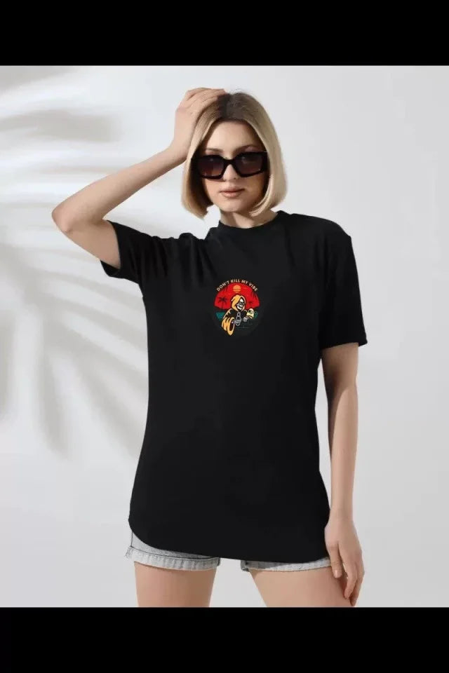 Unisex Bisiklet Yaka Baskılı T-Shirt - Siyah (102358)