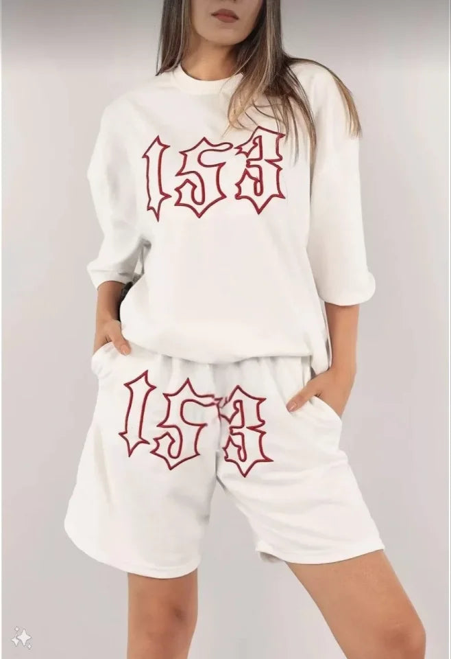 Unisex Nakış İşlemeli Şort Takım - Beyaz (102368)