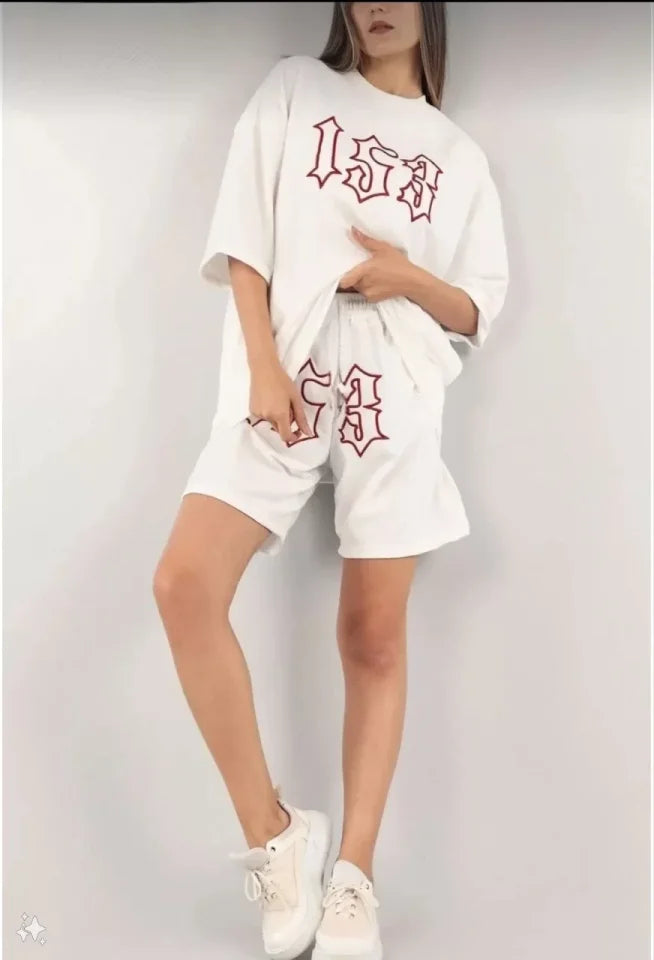 Unisex Nakış İşlemeli Şort Takım - Beyaz (102368)