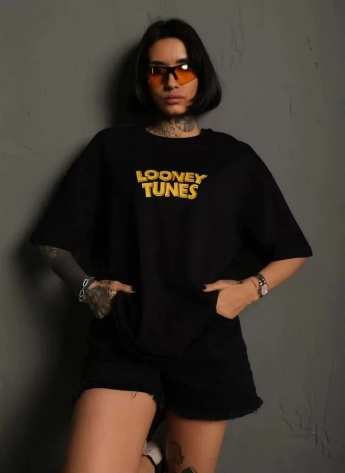 Unisex Bisiklet Yaka Baskılı Oversize T-Shirt - Siyah (102372)