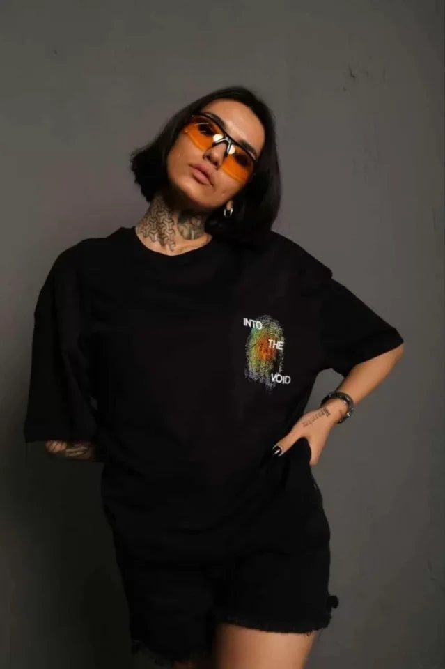Unisex Bisiklet Yaka Baskılı Oversize T-Shirt - Siyah (102522)