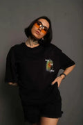 Unisex Bisiklet Yaka Baskılı Oversize T-Shirt - Siyah (102522)