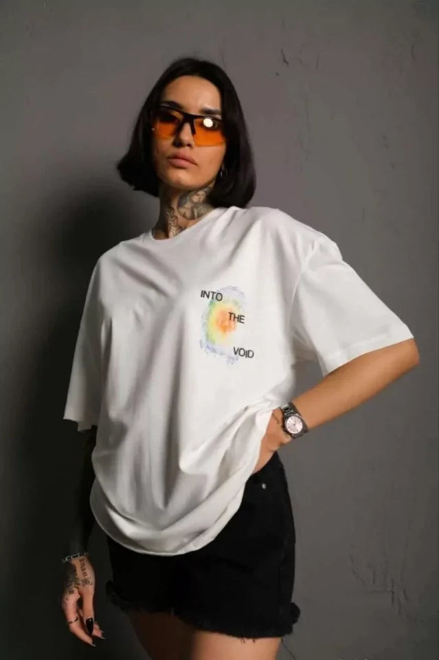 Unisex Bisiklet Yaka Baskılı Oversize T-Shirt - Beyaz (102523)