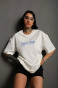 Unisex Bisiklet Yaka Baskılı Oversize T-Shirt - Beyaz (102525)