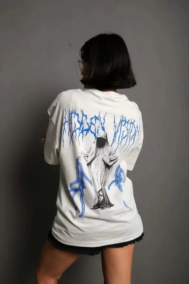Unisex Bisiklet Yaka Baskılı Oversize T-Shirt - Beyaz (102525)