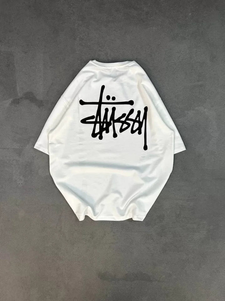 Unisex Bisiklet Yaka Baskılı Oversize T-Shirt - Beyaz (102527)