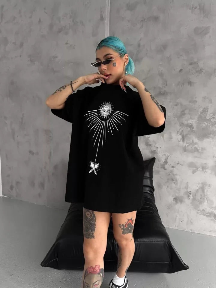 Unisex Bisiklet Yaka Baskılı Oversize T-Shirt - Siyah (102528)