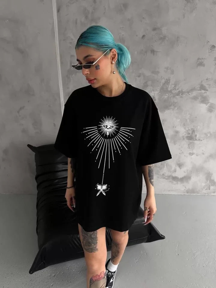 Unisex Bisiklet Yaka Baskılı Oversize T-Shirt - Siyah (102528)