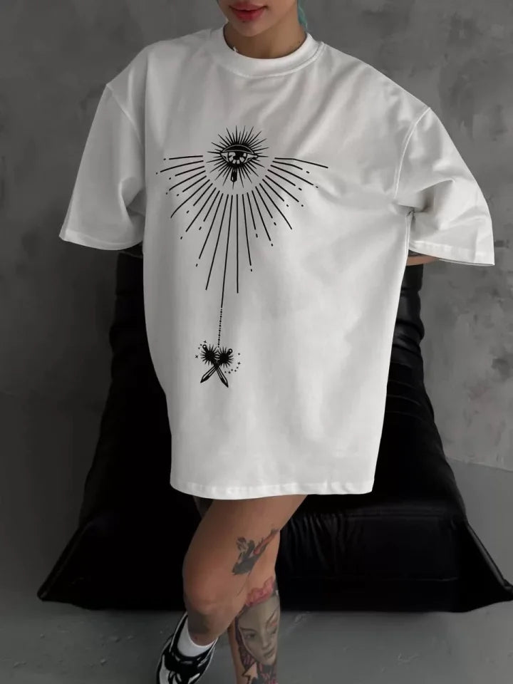 Unisex Bisiklet Yaka Baskılı Oversize T-Shirt - Beyaz (102529)