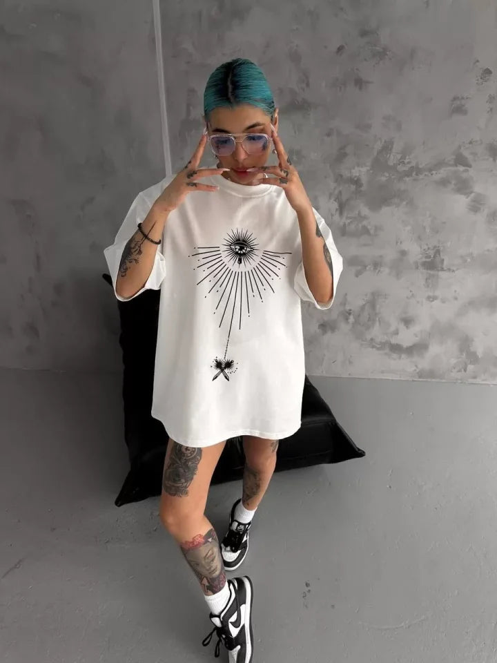 Unisex Bisiklet Yaka Baskılı Oversize T-Shirt - Beyaz (102529)