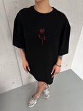 Unisex Bisiklet Yaka Baskılı Oversize T-Shirt - Siyah (102530)
