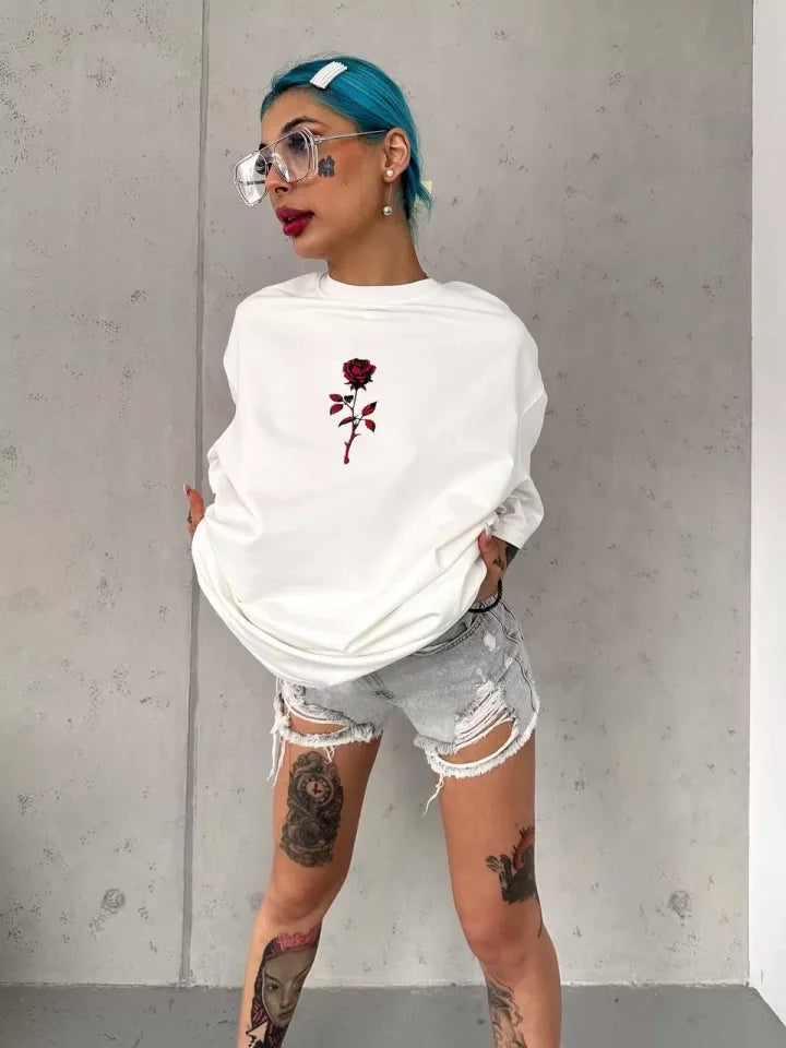 Unisex Bisiklet Yaka Baskılı Oversize T-Shirt - Beyaz (102531)