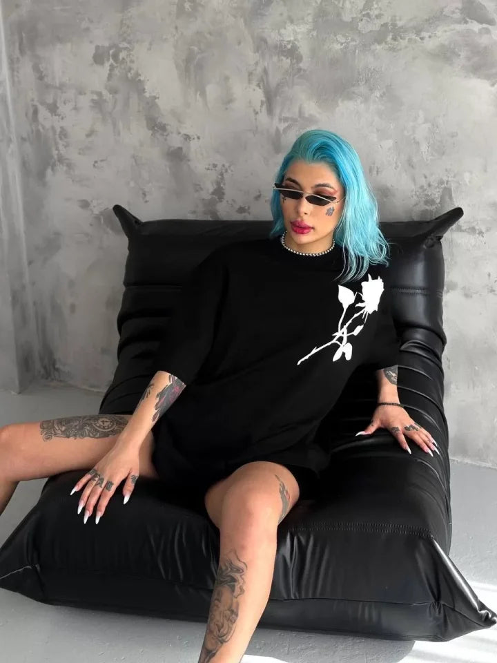 Unisex Bisiklet Yaka Baskılı Oversize T-Shirt - Siyah (102532)