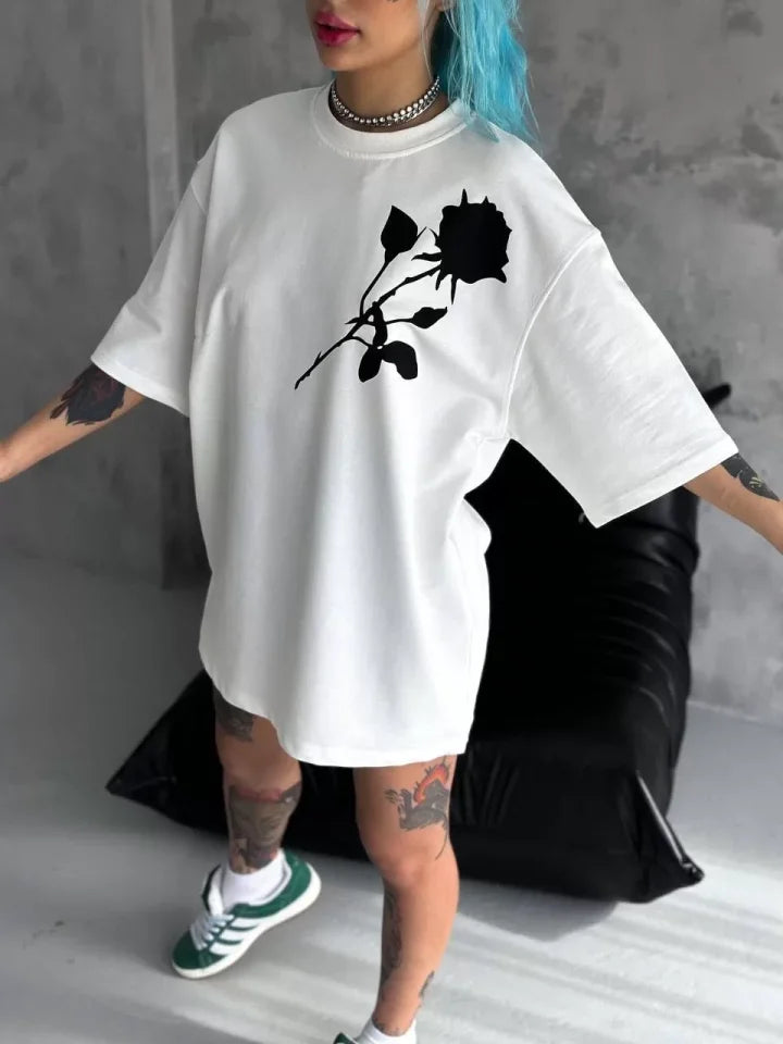 Unisex Bisiklet Yaka Baskılı Oversize T-Shirt - Beyaz (102533)