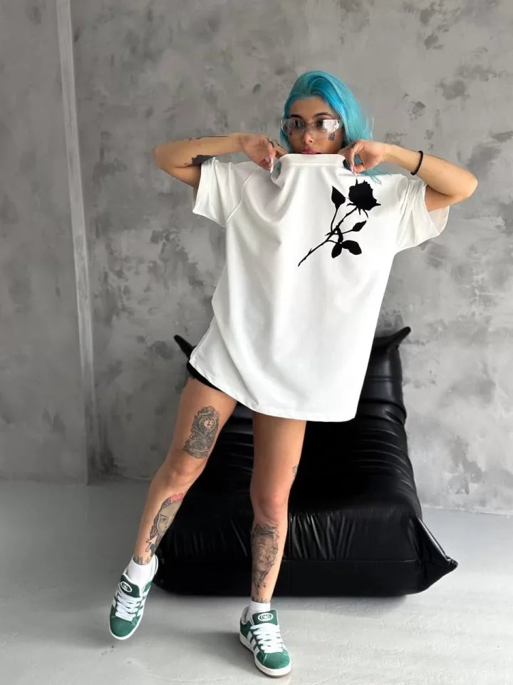 Unisex Bisiklet Yaka Baskılı Oversize T-Shirt - Beyaz (102533)