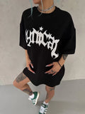 Unisex Bisiklet Yaka Baskılı Oversize T-Shirt - Siyah (102534)