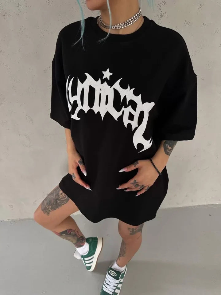 Unisex Bisiklet Yaka Baskılı Oversize T-Shirt - Siyah (102534)
