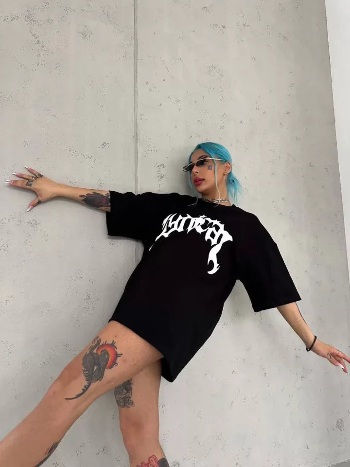 Unisex Bisiklet Yaka Baskılı Oversize T-Shirt - Siyah (102534)