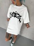 Unisex Bisiklet Yaka Baskılı Oversize T-Shirt - Beyaz (102535)