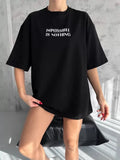 Unisex Bisiklet Yaka Baskılı Oversize T-Shirt - Siyah (102536)