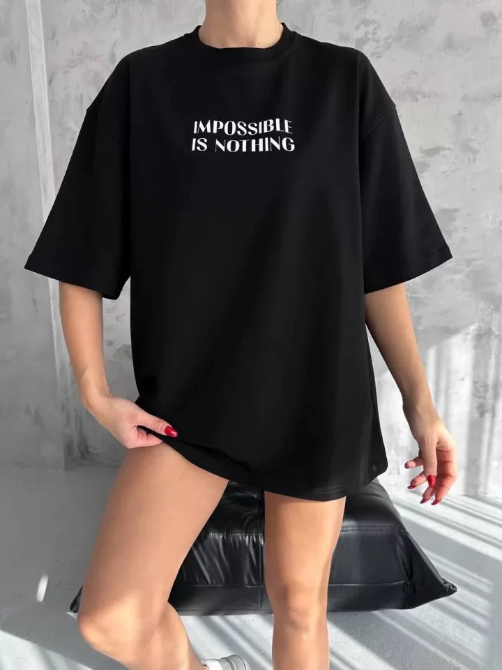 Unisex Bisiklet Yaka Baskılı Oversize T-Shirt - Siyah (102536)