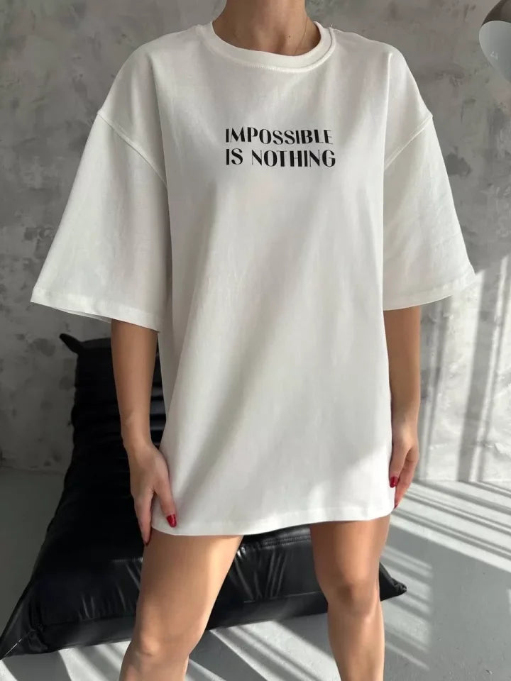 Unisex Bisiklet Yaka Baskılı Oversize T-Shirt - Beyaz (102537)
