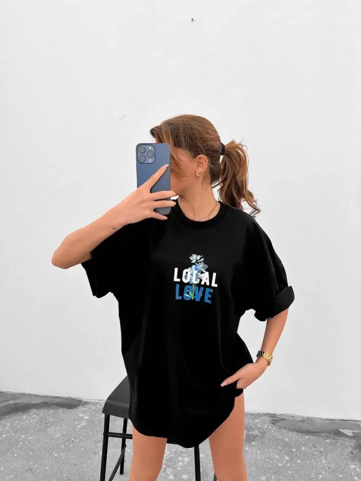Unisex Bisiklet Yaka Baskılı Oversize T-Shirt - Siyah (102544)
