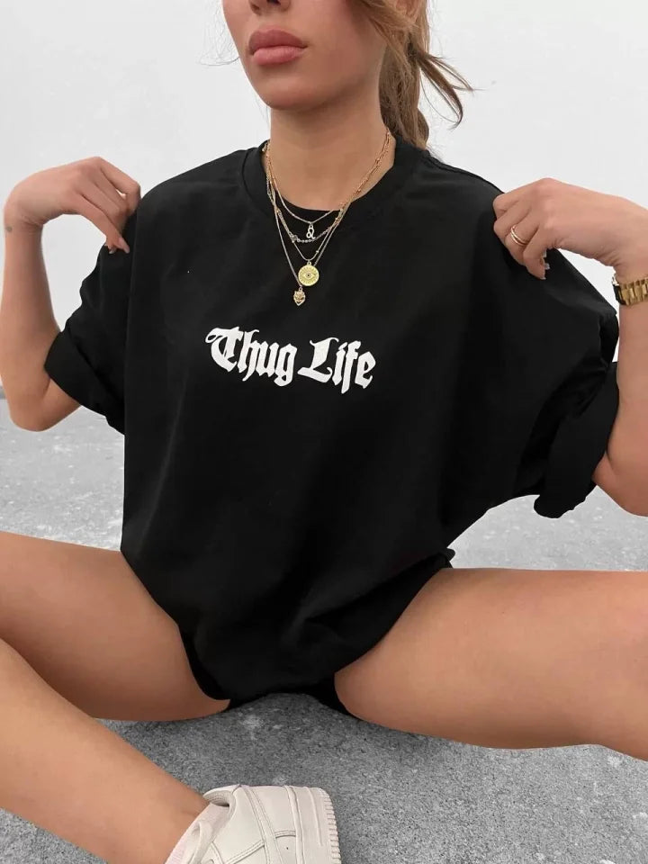 Unisex Bisiklet Yaka Baskılı Oversize T-Shirt - Siyah (102546)