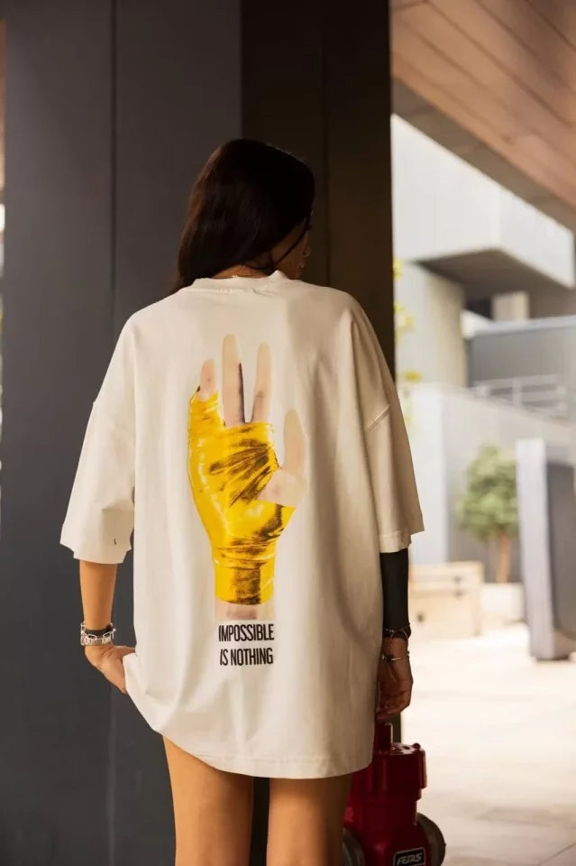 Unisex Bisiklet Yaka Baskılı Oversize T-Shirt - Beyaz (102547)
