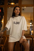 Unisex Bisiklet Yaka Baskılı Oversize T-Shirt - Beyaz (102548)