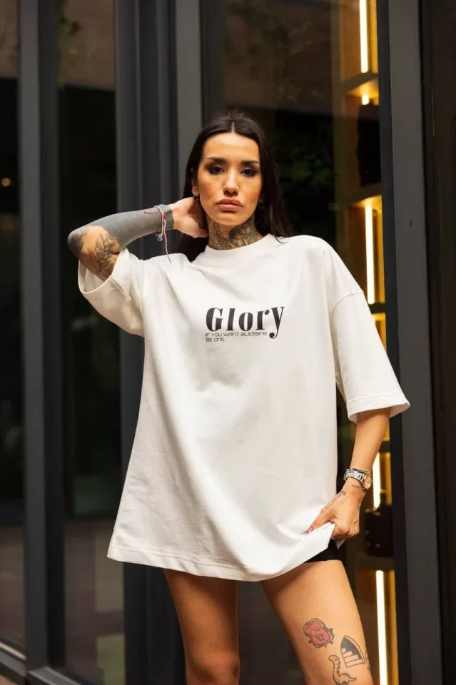 Unisex Bisiklet Yaka Baskılı Oversize T-Shirt - Beyaz (102549)