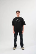 Unisex Bisiklet Yaka Baskılı Oversize T-Shirt - Siyah (102550)