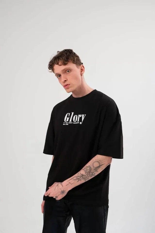 Unisex Bisiklet Yaka Baskılı Oversize T-Shirt - Siyah (102552)