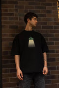 Unisex Bisiklet Yaka Baskılı Oversize T-Shirt - Siyah (102557)